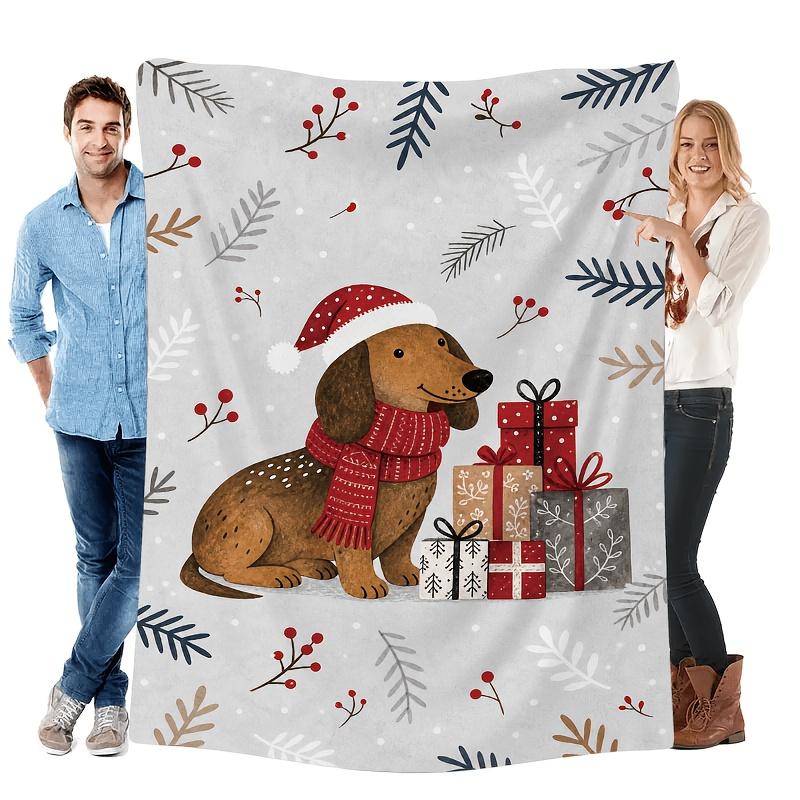 1pc Cartoon Santa Hat Dachshund Printed Flannel Blanket, Ultra Soft Cozy Premium Plush, All-Season Use, Machine Washable, 280GSM Heavyweight, for Bedr
