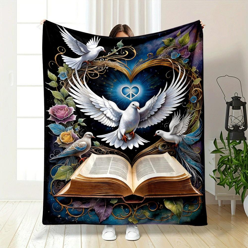 Doves, an open book, a glowing heart, and floral elements form a harmony. for all seasons blanket lunch break throw gift