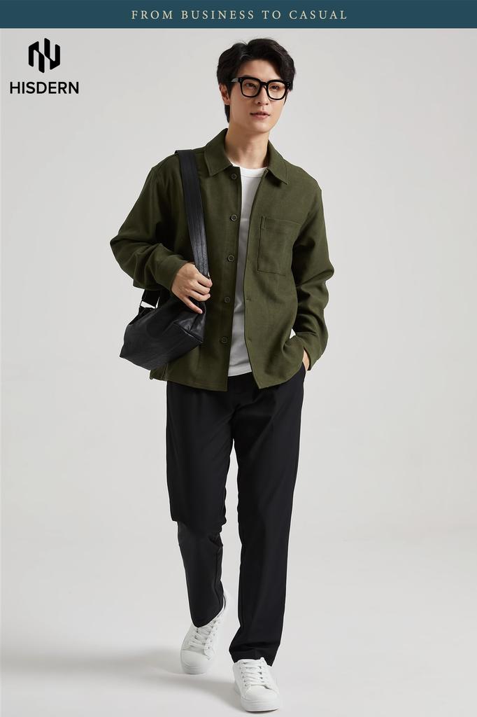 HISDERN Long Sleeve Thick Corduroy Shirt Loose Size M Men's Jacket, Fit, Winter, Green,