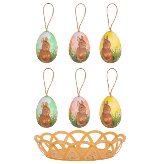 7Pcs/Set Colorful Bunny Painted Plastic Easter Eggs with Basket Hanging Pendant DIY Easter Egg Crafts Home Easter Party Supplies