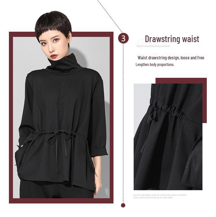 Трендовый женский топ в европейском и американском стиле, темный, с длинными рукавами и кулиской на талии - весна/осень