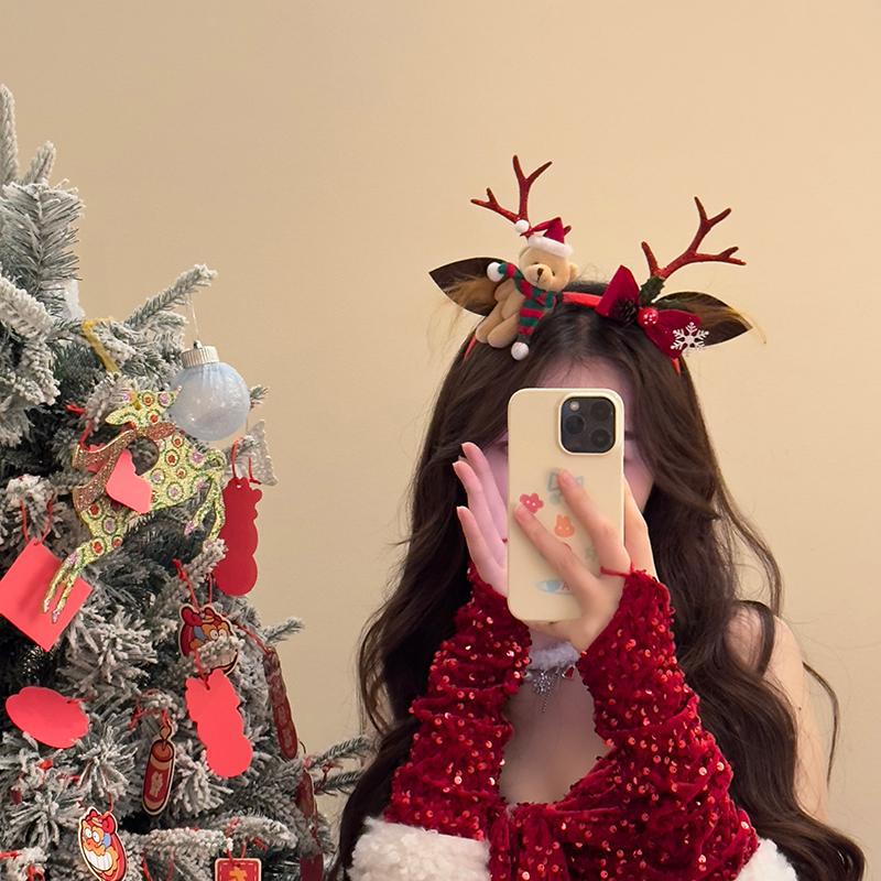 Рождественский медведь и рога повязка на голову для детей - праздничный дизайн с цветками сливы и нескользящими зубчиками