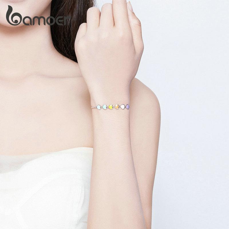 BAMOER Classic 925 Sterling Silver & Platinum Plated Rainbow Heart Adjustable Chain Bracelets