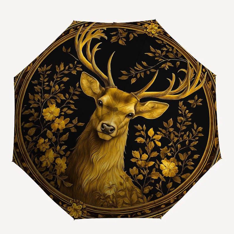 Golden Deer Portrait with Floral Frame Wall Art DecorUmbrella with Cute Design, Portable 3-Fold Compact Umbrella for Men & Women, Valentine's Day Moth