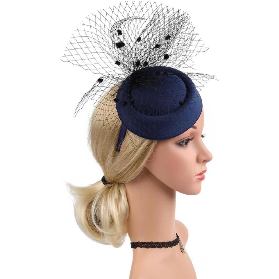 Классическая женская шляпа и заколка-fascinator для волос, обруч-вуаль из сетки темно-синего цвета, шляпа для платья на свадьбу, чаепитие, коктейль, особое событие