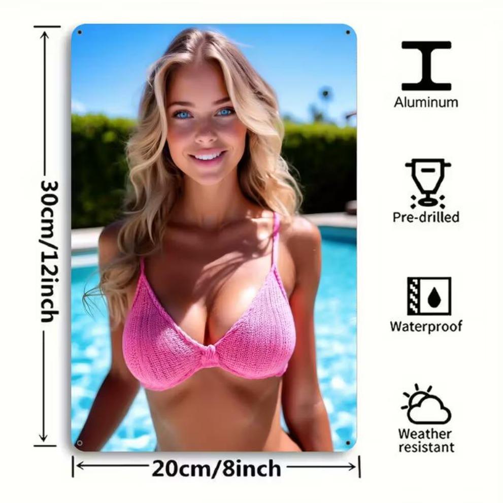Ретро Металлический Бикини Настенное Искусство 2D 8x12 Дюймов Розовый Белый Прочный Декор для Дома Кухни Сада Бара