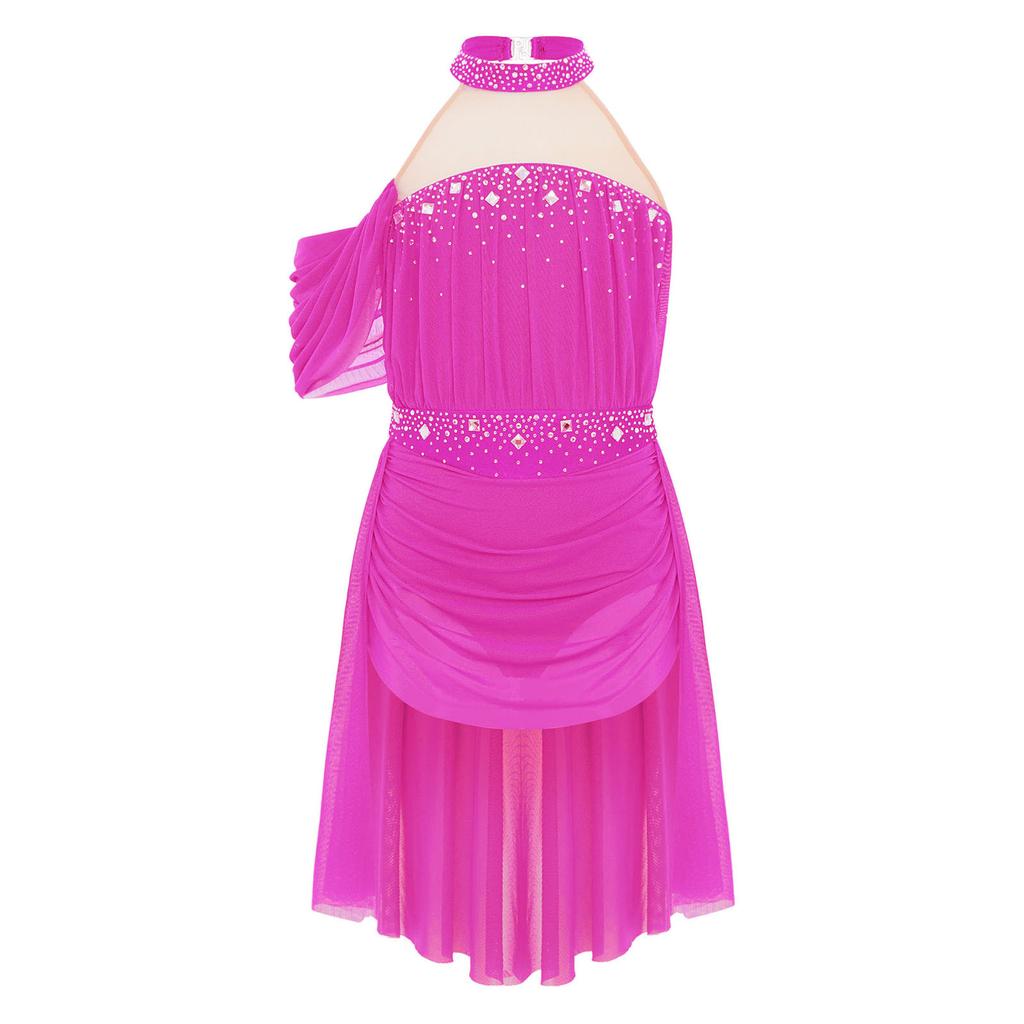 Girls Halter Backless Ruched Mesh Drape Dress Lyrical Dance Performance Rhinestone Costume