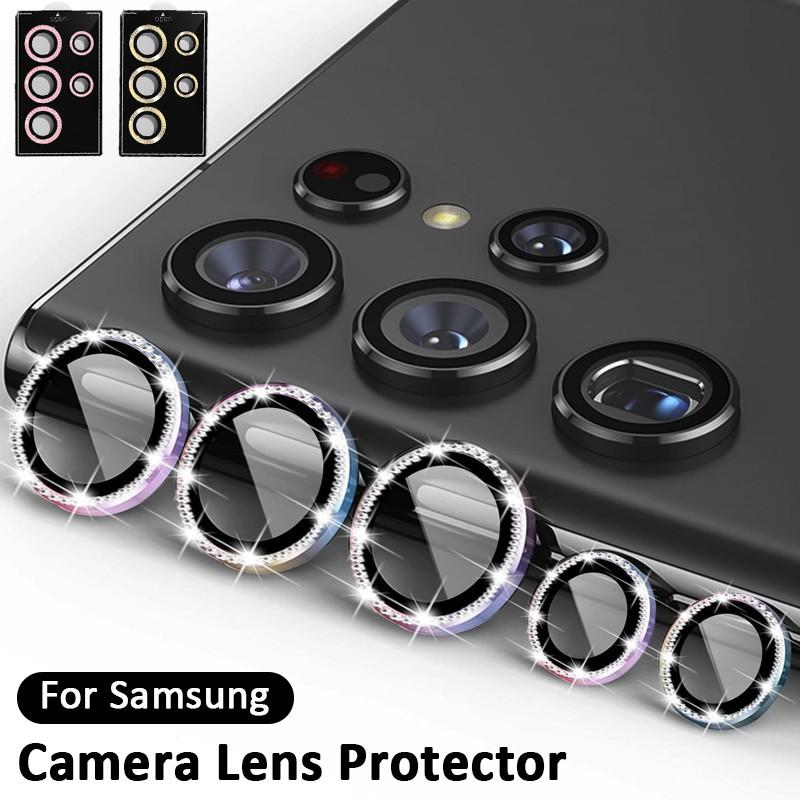 1 Set For Samsung Galaxy S24 S23 Ultra S24 S23 Plus Bling Glitter Diamond Metal Camera Lens Protector Ring with Tempered Glass