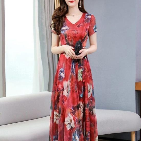 Женское праздничное платье с роскошным цветочным принтом трапециевидной формы с большими качелями на шнуровке с узкой талией и V-образным вырезом в стиле ретро, плиссированное вечернее платье из ледяного шелка для выпускного вечера, платье макси