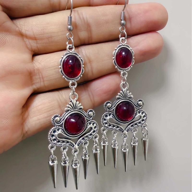Red Gothic Vampire Silver Filigree Pointed Toe Earrings