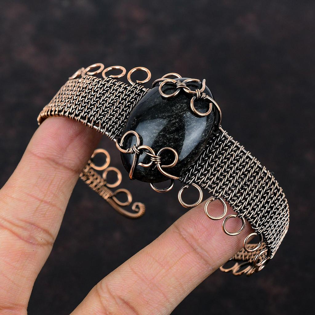 Браслет-манжета из обсидиана с серебристым блеском, браслет-манжета из драгоценного камня, регулируемый браслет-манжета, обмотанный медной проволокой, медные украшения, подарок для нее, браслет ручной работы