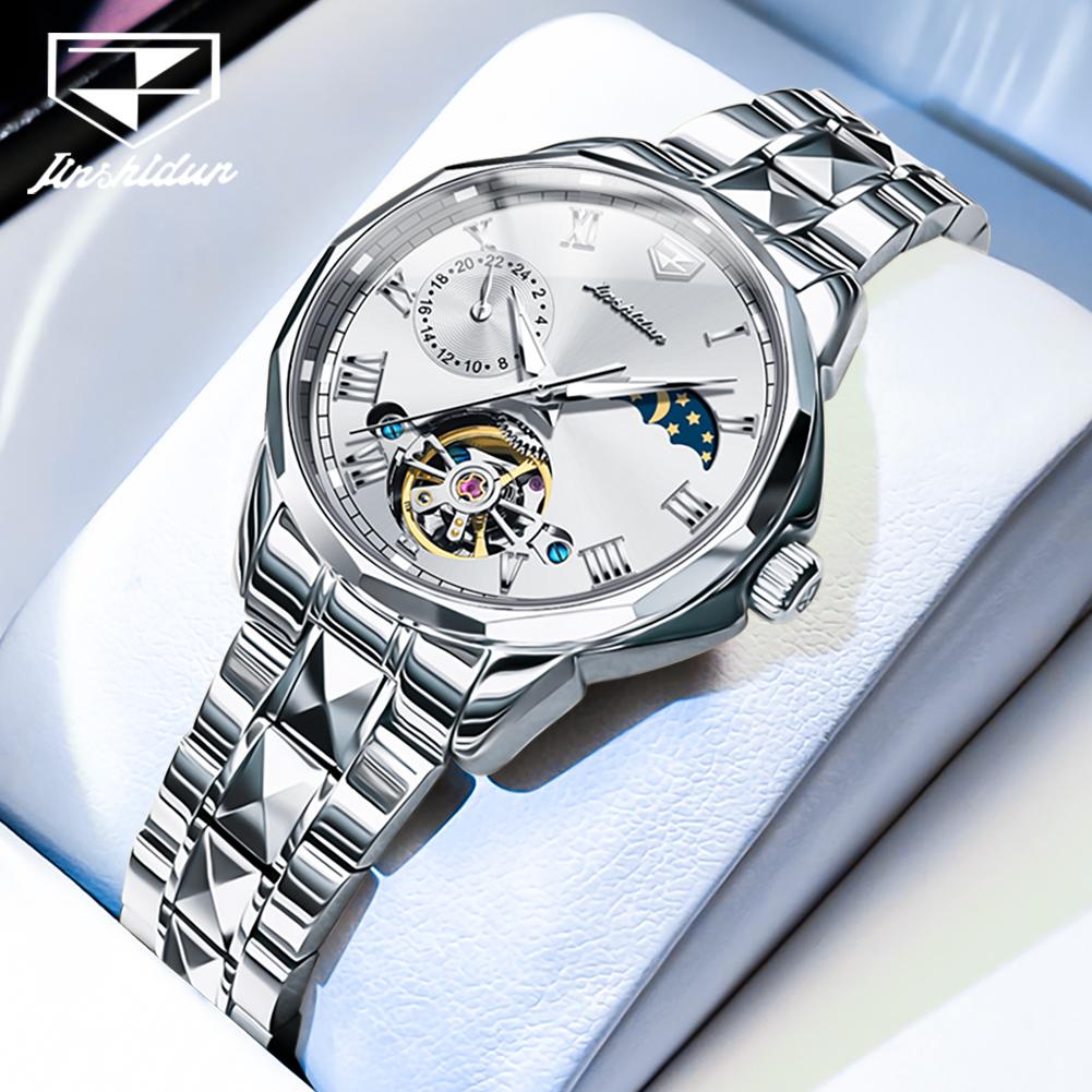 JSDUN 8937 Woman Watch 50M Waterproof Mechanical Watch For Women Hollow Skeleton Moon Phase Roman Scale Elegant Ladies Watches