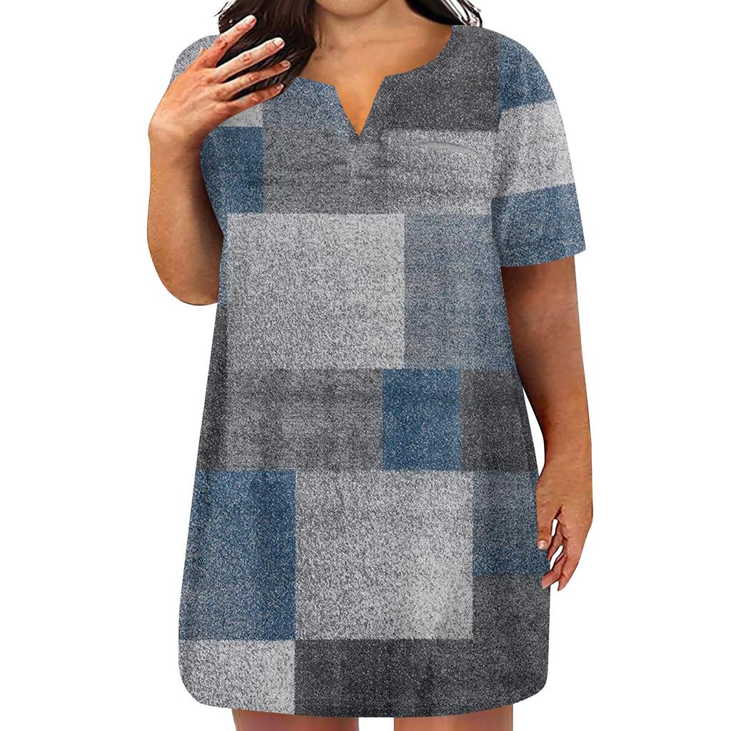 Womens Plus Size Dresses V Neck Short Sleeve Summer Casual Solid Dress Tunic With Pocket