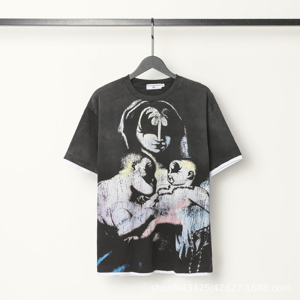 2025 American trendy brand Vall washed old printed short-sleeved hip-hop loose street fashion T-shirt for men and women
