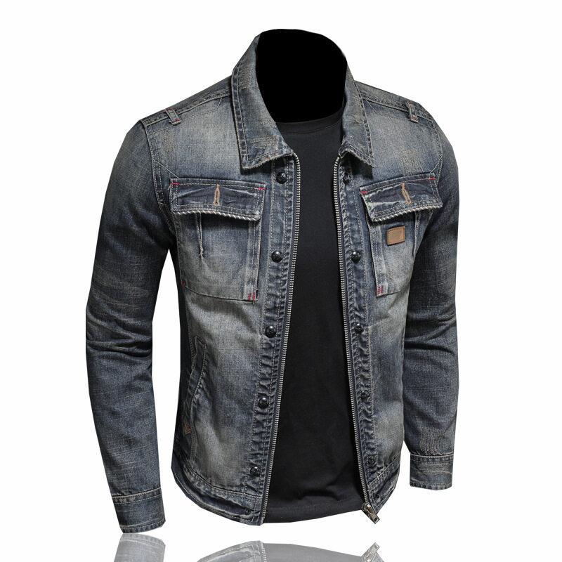 Fashion Slim Men's Lapel Motorcycle Denim Jacket Men's Coat European