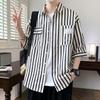 Men's Striped Short Sleeve Summer Youth New Fashion Lapel Casual Five Minutes Shirt Lightweight Breathable
