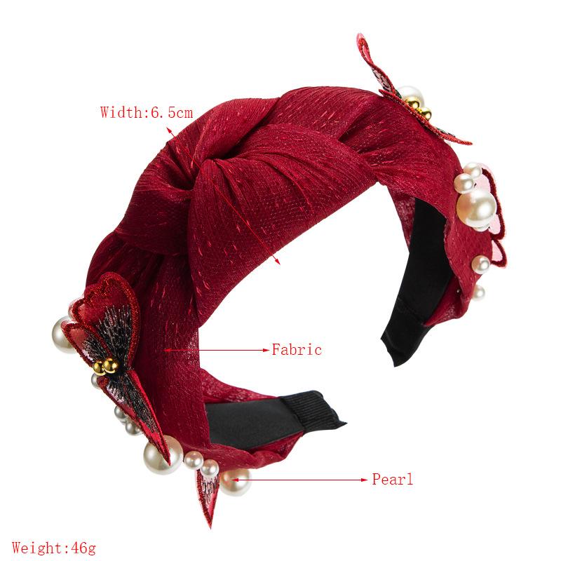 Женская кружевная повязка на голову для мытья лица с бабочкой и жемчугом, однотонная повязка на голову с широким краем и крестообразным узлом