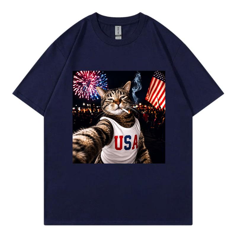 Patriotic Smoking Cat Funny Meme Tshirts High Quality Fashion Short Sleeve Tshirt Unisex Unisex Summer Casual 100cotton T Shirt