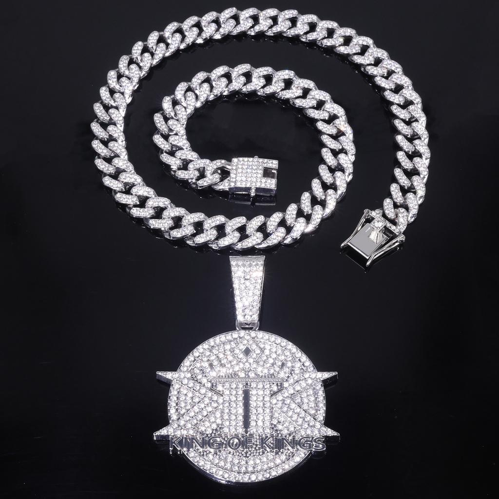 Full Diamond KINGS KK Letter Pendant Necklace European American Hip Hop Rap Cuban Chain Trendy Street Fashion Accessories
