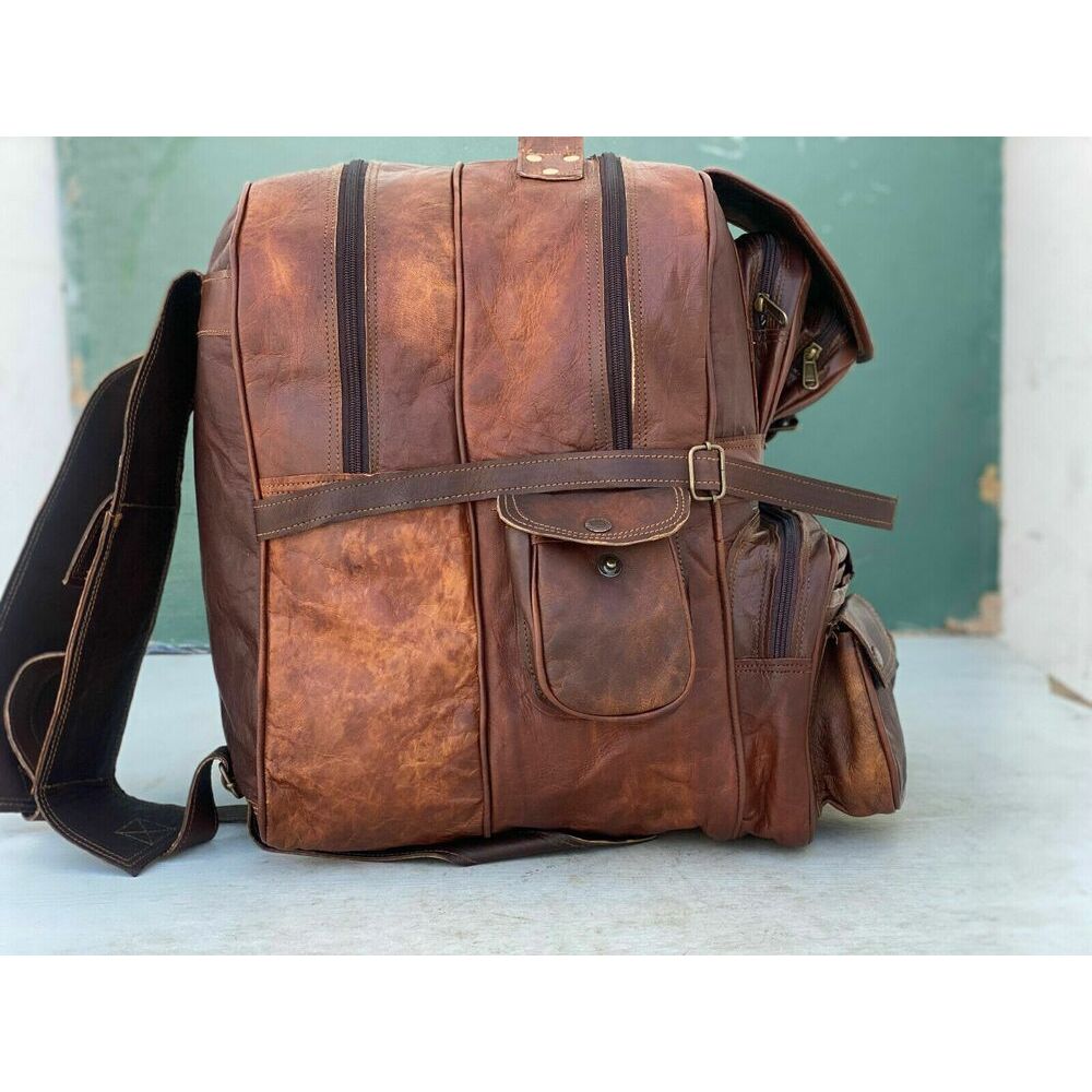 Goat Leather Backpack Rucksack Travel Genuine Brown Unisex Vintage Bag