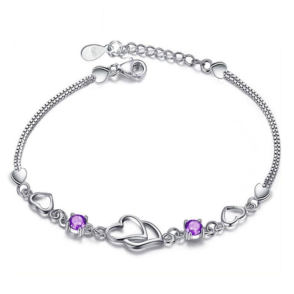 High End Double Heart Double Diamond Heart Connected Heart Printed Bracelet for Women's Korean Version Fashionable and Trendy Silver Plated Bracelet