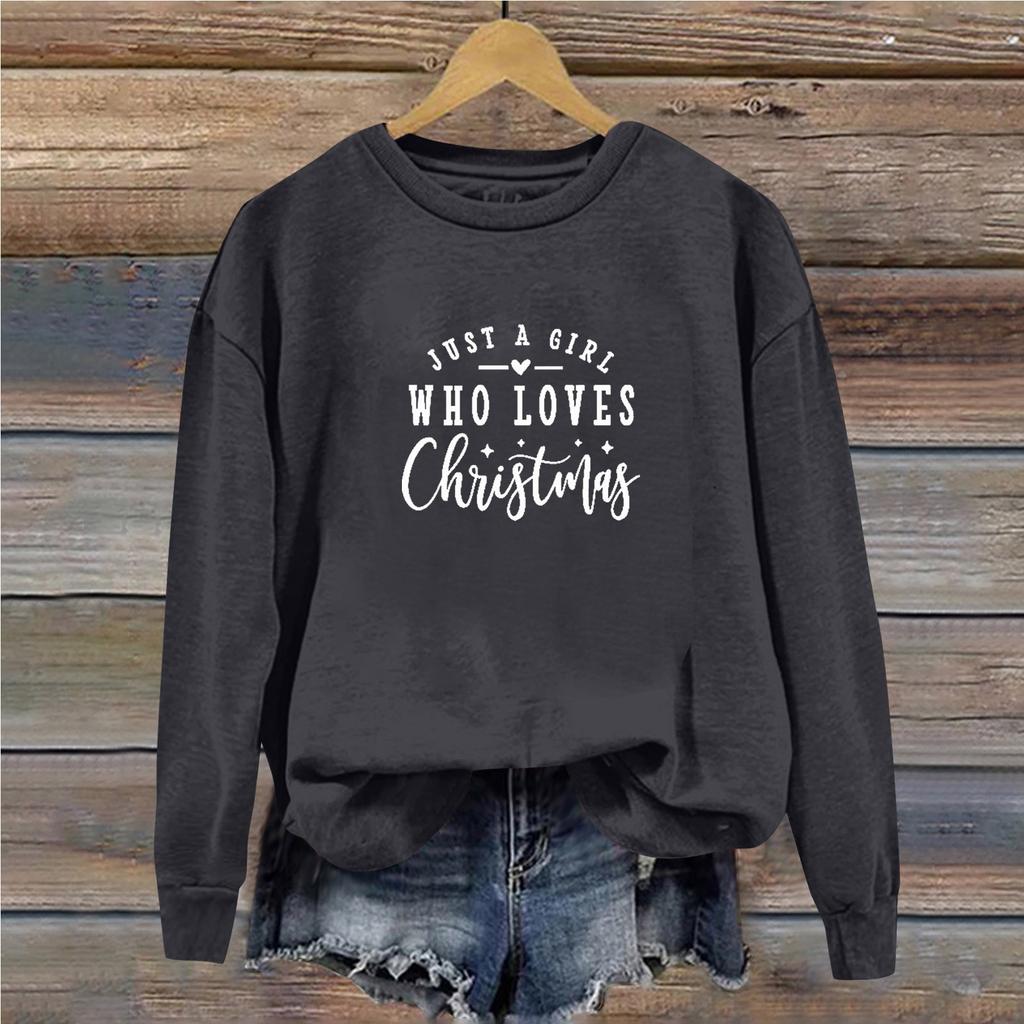 Женская повседневная свободная однотонная толстовка с круглым вырезом и длинными рукавами с принтом рождественских букв