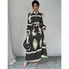Fashion Vintage Long Sleeve Loose Casual Dresses Women Buttons Lapel A Line Printed Shirt Dress Women High Waist Lace-up Long Dress Spring New 25892