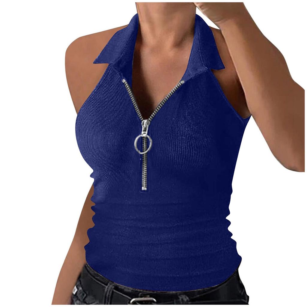 Женский жилет с воротником, летняя майка, ребристая, на половину молнии, с V-образным вырезом, тонкая укороченная рубашка без рукавов