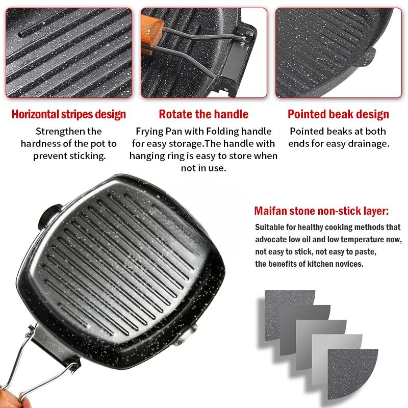 Сковорода для стейков, чугунный переносной гриль с антипригарным покрытием, глубокая квадратная сковорода со складными деревянными ручками, сковороды для готовки