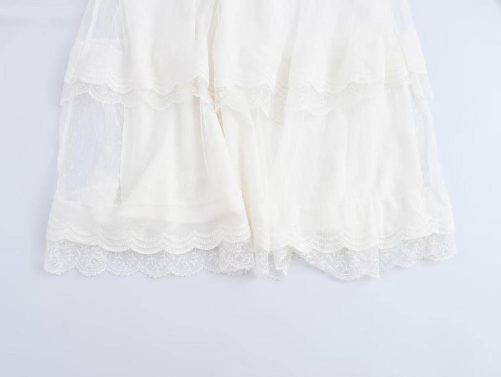 Spring 2025 Women's European & American Lace Trim Puff Midi Skirt