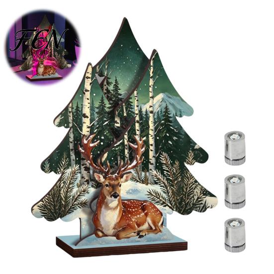 Holiday Table Decoration Wooden Christmas Tree Decor with LED Light, Rustic Standing Sign Tabletop Reindeer Santa Claus for Tiered Tray, Home