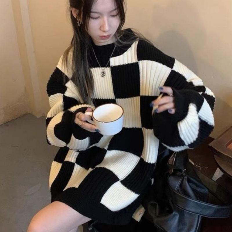 Свитер в клетку, женский осенне-зимний топ, вязаный свитер в стиле ретро, модный повседневный свободный свитер