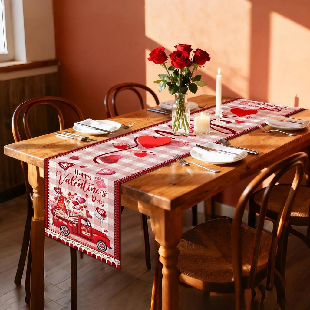 pinata Valentine Table Runner, Valentines Day Table Runner Hearts Gnomes Truck Buffalo Plaid Wedding Anniversary Decoration for Home Dinner Kitchen