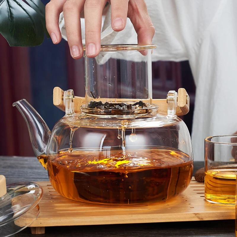 Glass Teapot with Tea Strainer Infuser Tea Kettle with Wooden Handle Heat Resistant Kung Fu Teaware for Electric Ceramic Stoves