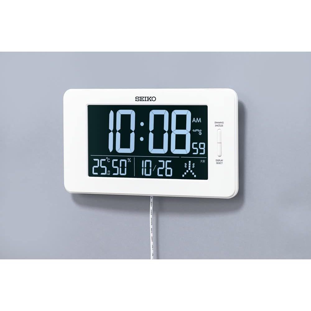 Seiko Clock Desk Clock Alarm Clock Radio Controlled Digital AC Powered 3-Mode Display Switching Temperature and Humidity Display White Body Size: 12.6