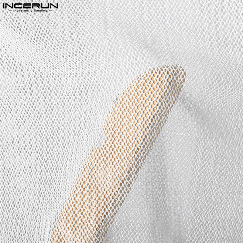 INCERUN Summer Men Lapel Sleeveless Mesh See Through Party Cropped Tank Tops