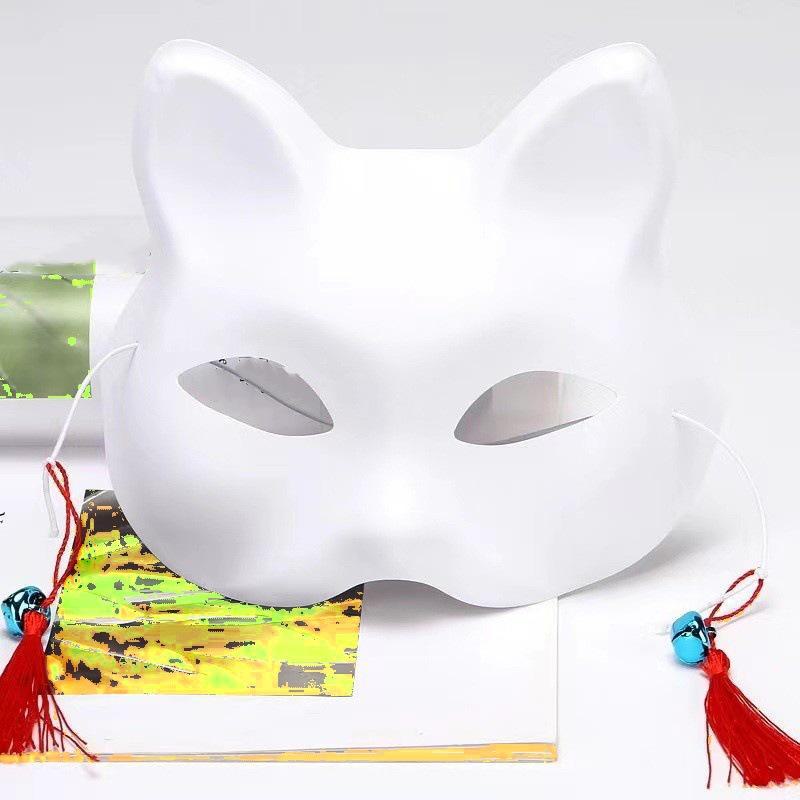 Маска лисы в японском стиле для косплея для детей - расписанная вручную белая половина кошачьего лица с нарядом в виде колокольчика.