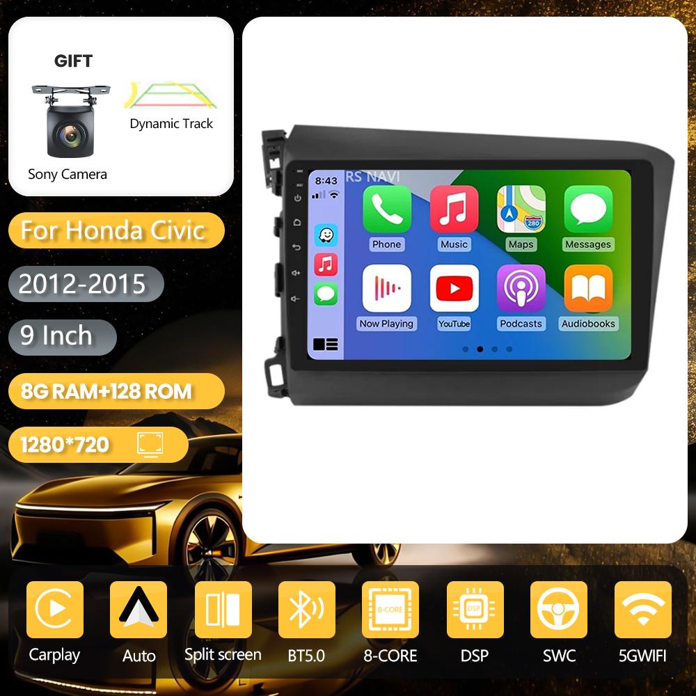 RSNAVI Android 16 pour Honda Civic 2012 2013 2014 2015 Carplay Auto Multimedia Autoradio Stéréo DSP commande par application au volant