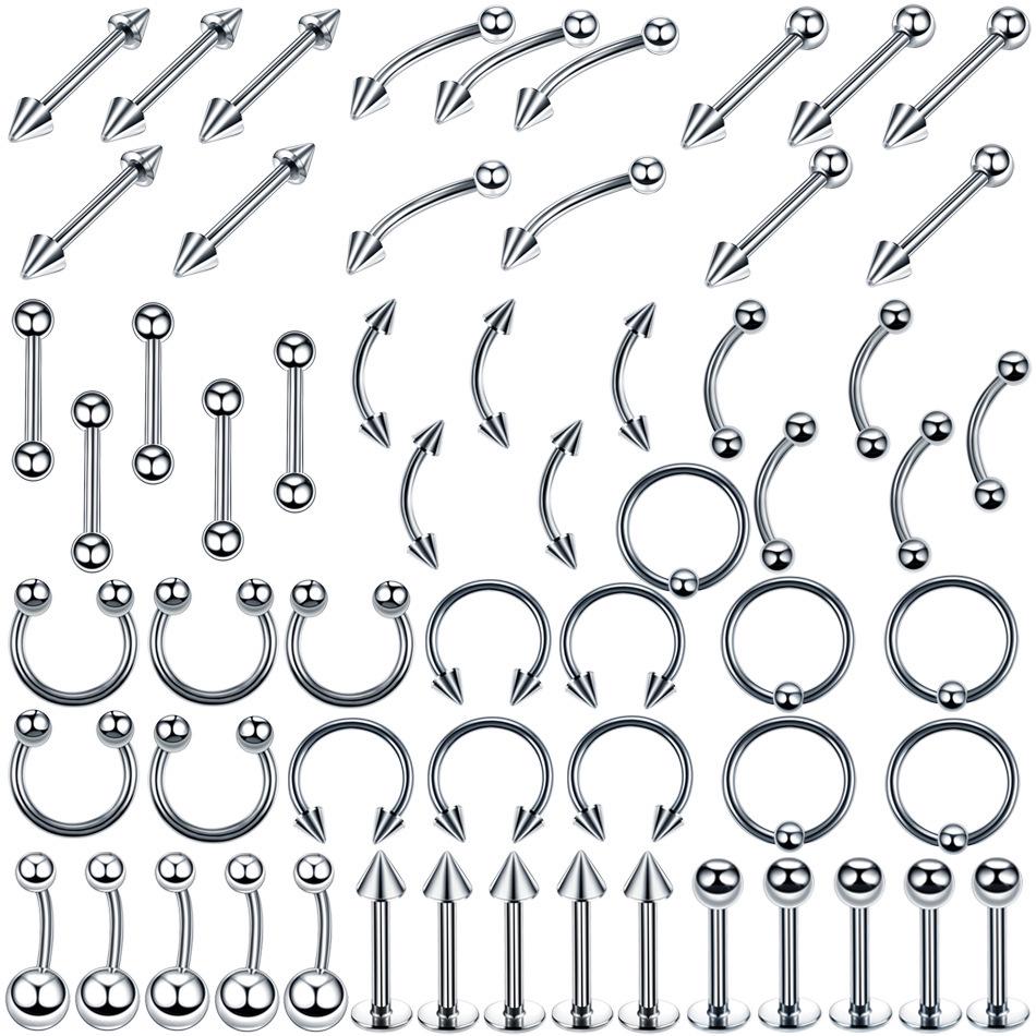 60-Piece Stainless Steel Lip, Stud, and Nose Ring Set – Popular European & American Piercing Jewelry Accessories