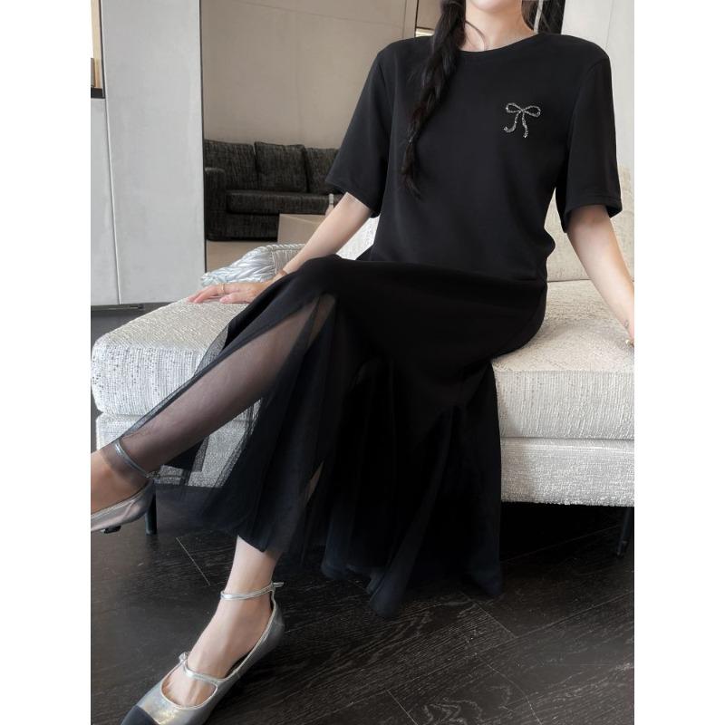 Dimanaf Women New 2025 Summer Plus Size Casual Short Sleeve Dress Basic Loose Long Dress Maxi Black Lace