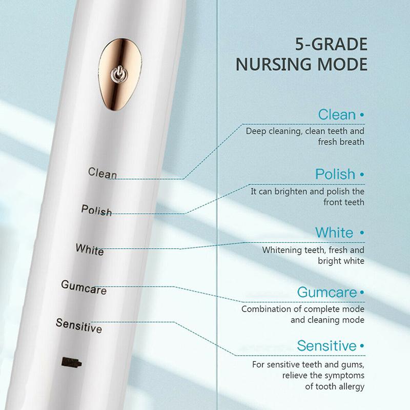 PDTO Adult Sonic Electric Toothbrush Waterproof 5 Modes +4 Brush Heads