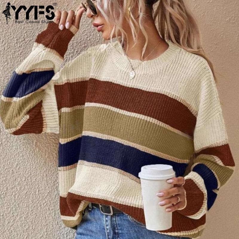 YYFS Женская мода повседневная осень-зима полосатый принт длинный рукав O-образный вырез свитера