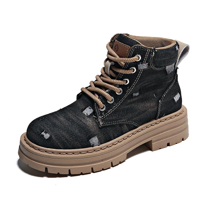 Fashion Denim Women's Ankle Boots Lace Up Commuter Female Boots Patchwork Fabric Platform Woman Low Heel Sports Boots