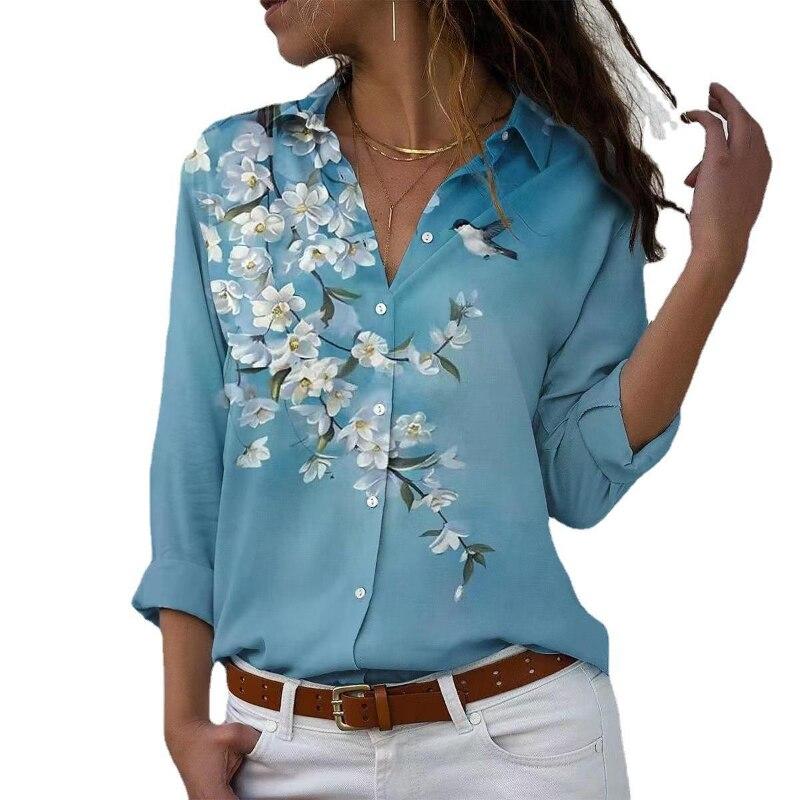 Повседневная облегающая блузка на пуговицах, весенняя рубашка с отложным воротником и 3D цветочным принтом, модные топы с длинными рукавами, женские Blusa Feminina 26264