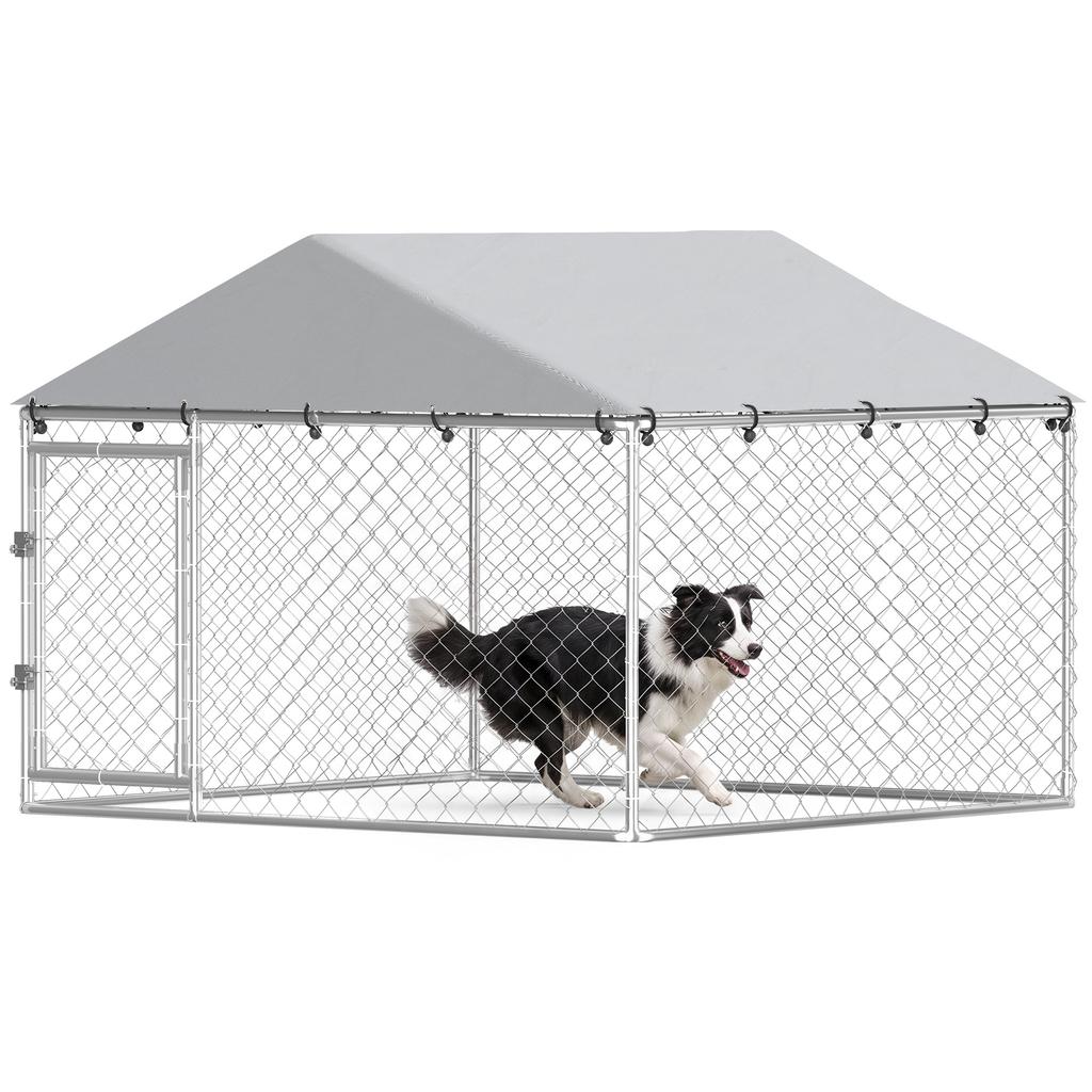 Outdoor Dog Enclosure Made Of Galvanized Steel With PE Roof UV Resistant Waterproof Silver