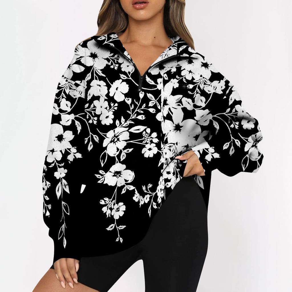 Женская повседневная модная толстовка на молнии с длинным рукавом и цветочным принтом, топ на молнии