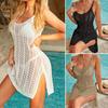 Women Beach Dress Low-cut Hollow Out See-through Thin Side Split Sunscreen Sleeveless Knitted U Neck Swimsuit Cover Up Water Sports Clothes