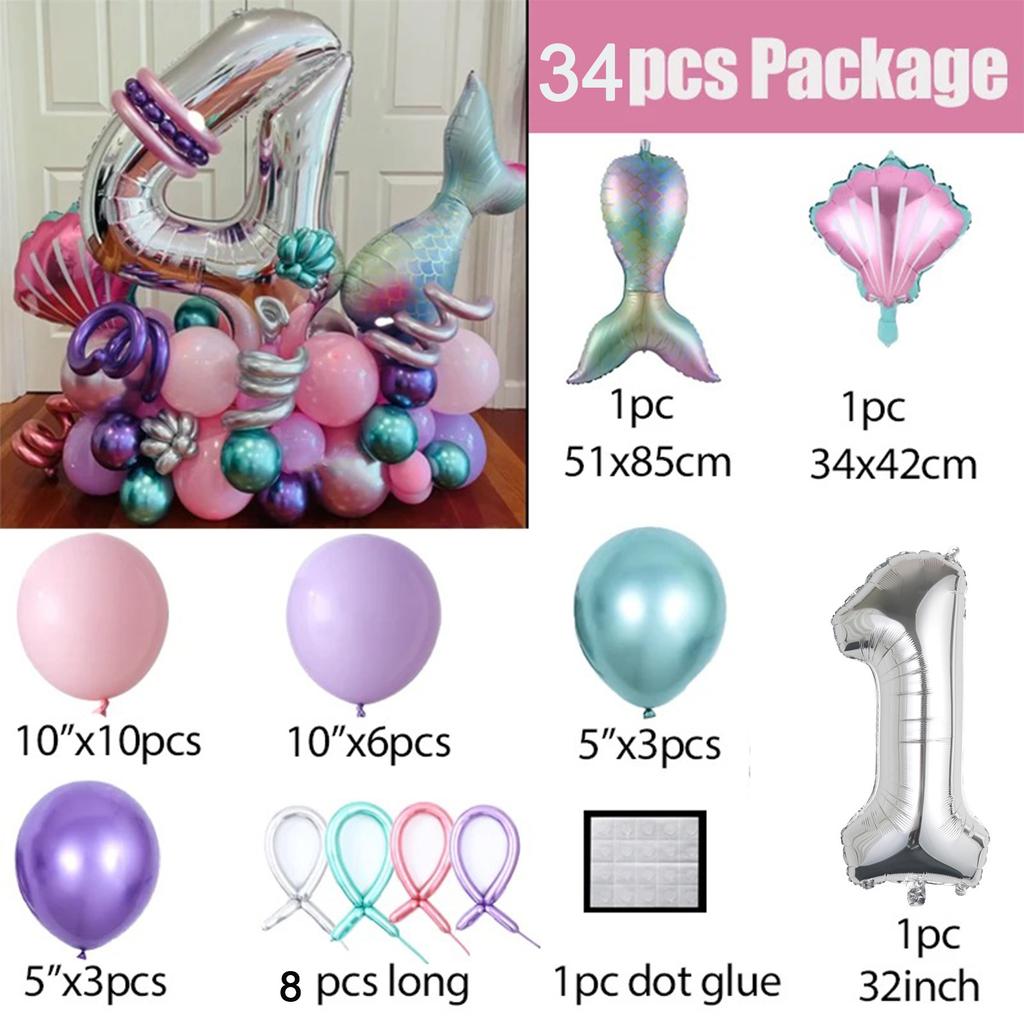 34 шт. воздушные шары с хвостом русалки, розовый, фиолетовый, воздушный шар из фольги с номером, детские украшения для дня рождения, вечерние шары с русалочкой