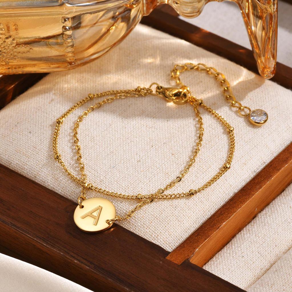 Stainless Steel Polished Round Plate Letter A-Z Double Layer Stacked Bracelet for Women 14K Gold Color Charm Wrist Jewelry Gifts