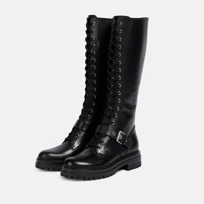 Кожа спилка Круглый носок Средний каблук Ботинки для верховой езды Размер 46 Размер 45 На шнуровке Большой размер Женские ботфорты выше колена